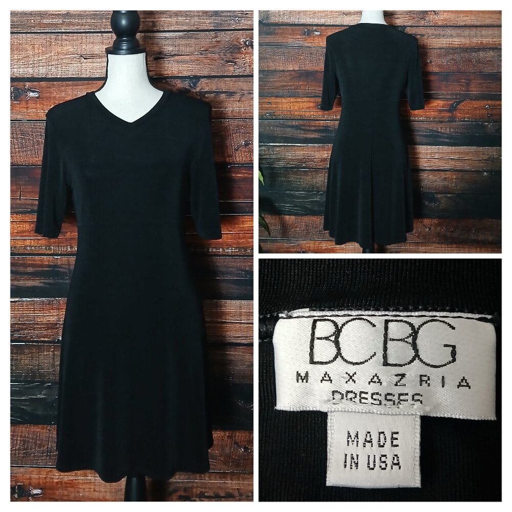 BCBGMAXAZRIA Vintage Dress L Black Slinky Acetate Half Sleeve Stretch USA Made